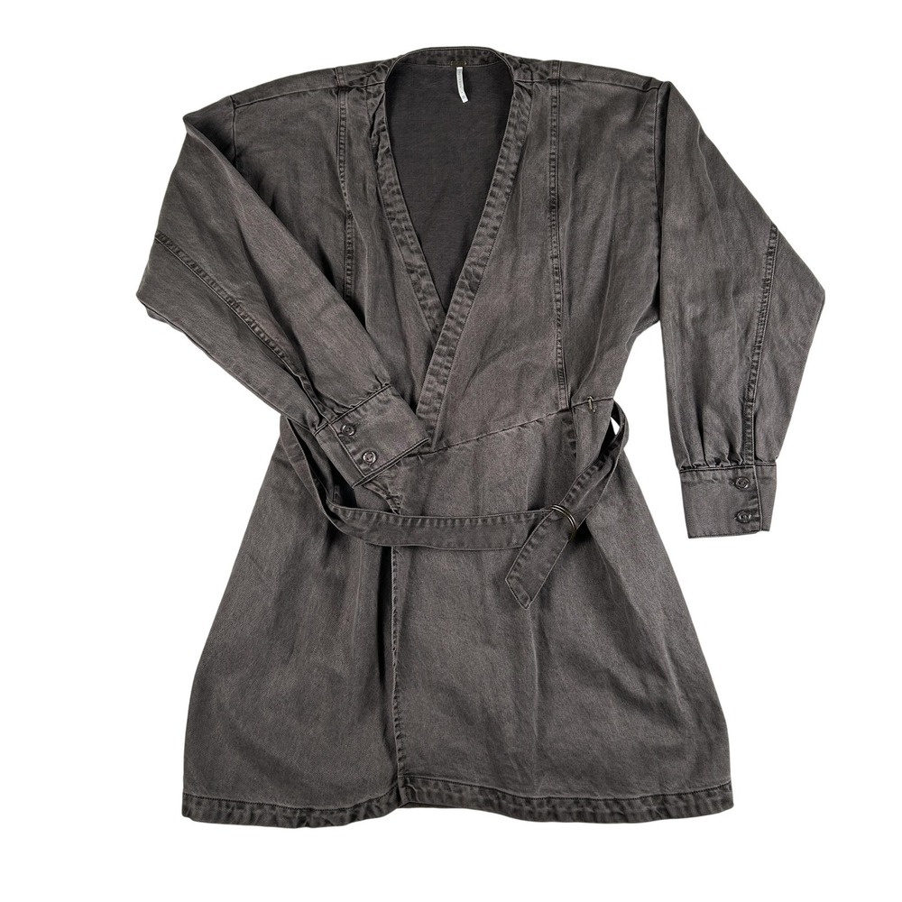 YFB Dress Womens XS Gray Denim Wrap Belted Long Sleeve Mini V-Neck Washed Casual